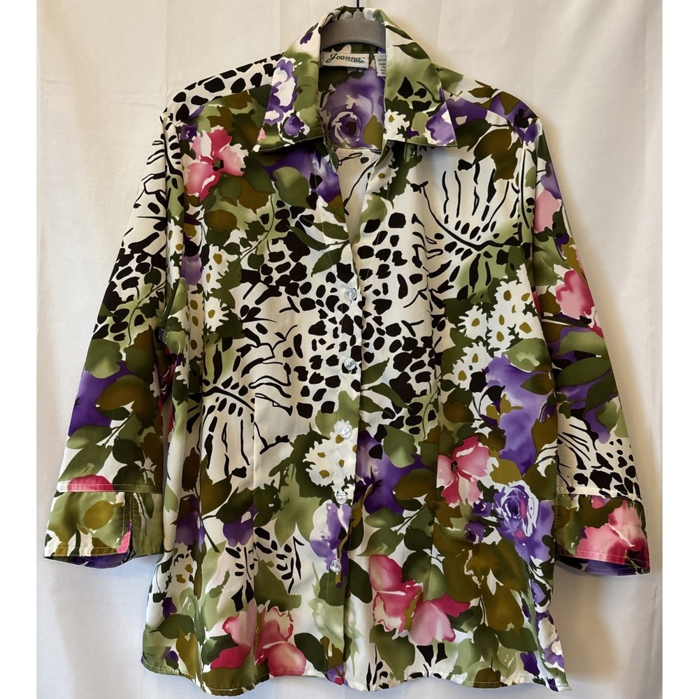 Vtg Joanna Sz L Floral Sheer Blouse Collar Button Up 3/4 Sleeve V Neck Lagenlook